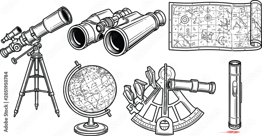 Fototapeta premium Collection of vintage navigation and astronomy tools including a telescope binoculars globe sextant and star map for exploration and discovery concepts