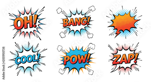Set of colorful comic book speech bubbles with various explosive sound effects like bang pow and zap in pop art style.