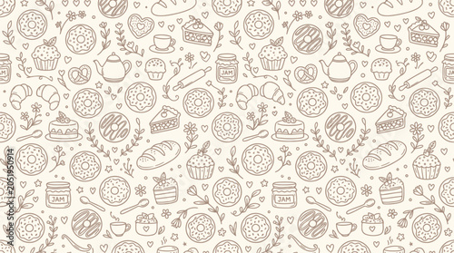 Schilderij op canvas Seamless pattern of hand-drawn baked goods and sweet treats, perfect for bakery or cafe decor