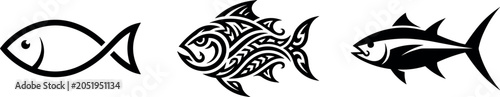 Black Fish Icon Set with Minimalist Outline, Tribal Polynesian Tattoo Pattern, and Tuna Silhouette for Fishing Logos, Seafood Branding, and Marine Wildlife Vector Graphic DesignsBlack Fish Icon Set wi