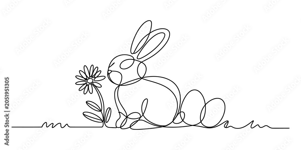 Fototapeta premium Cute bunny rabbit sitting next to a daisy flower in a simple line drawing style