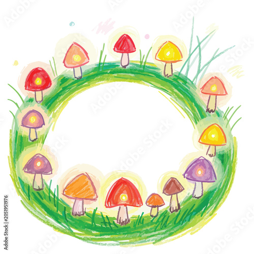 Whimsical Hand Drawn Mushroom Wreath Illustration.