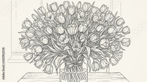 Monochrome line art drawing of a large elegant spring tulip bouquet in a clear glass vase, intricate floral sketch illustration.