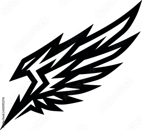 Tribal Wing Vector with Sharp Lines and Edges for Motorcycle Club Logos Tattoo Designs Rock Band Branding and Automotive Decal GraphicsTribal Wing Vector with Sharp Lines and Edges for Motorcycle Club
