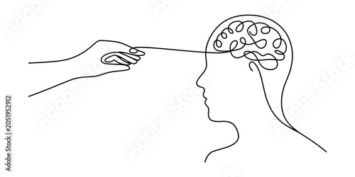 Cuadro en lienzo Hand untangling a messy brain with a string, representing therapy or problem sol