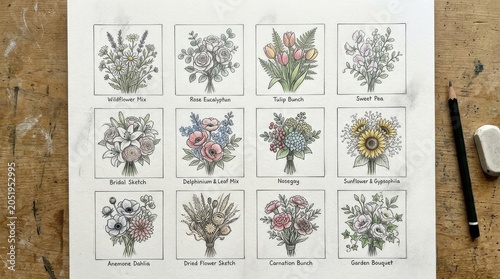 Hand-drawn botanical illustrations: a diverse collection of floral bouquets, detailed sketches, and colorful flower arrangements.