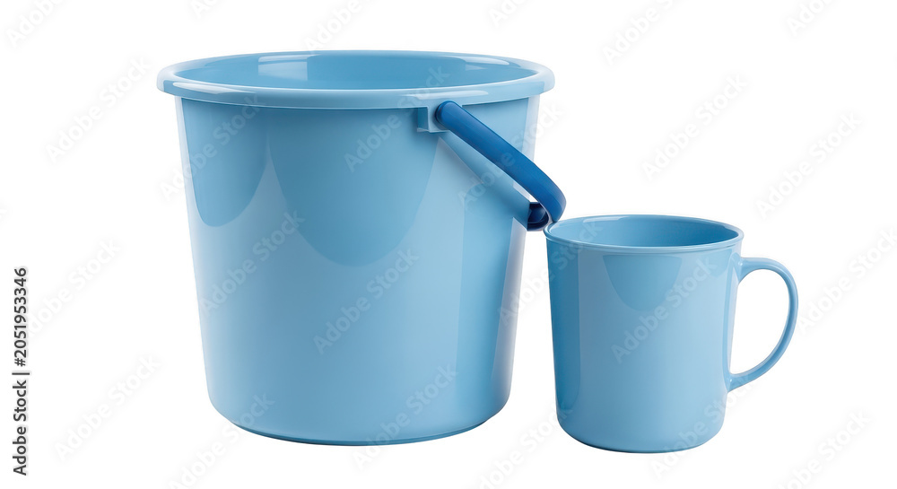 Blue bucket and mug, household items, nobody, indoors