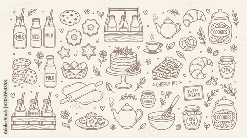 Obraz na plátně Collection of hand-drawn baking and dessert illustrations, including cakes, cookies, pies, croissants, milk bottles, and tea