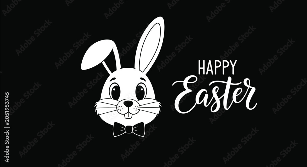Obraz premium High contrast easter card featuring a white rabbit outline wearing a black bow tie on solid black background.