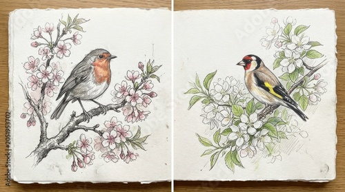 Beautiful hand-drawn robin and goldfinch birds perched on blossoming branches, classic nature illustration of spring wildlife