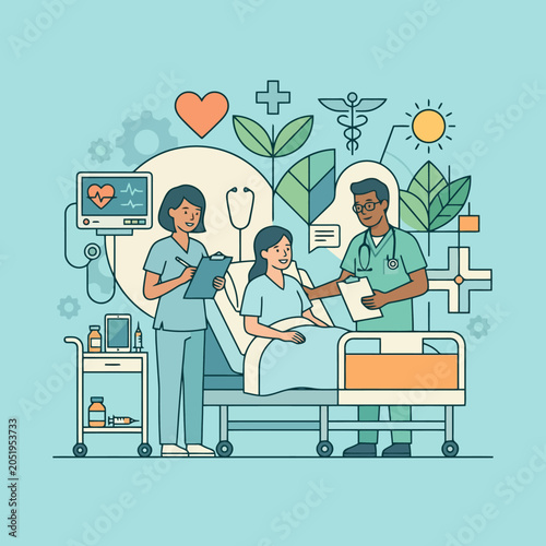 Bilde på lerret Medical professionals attend to a patient in a hospital room