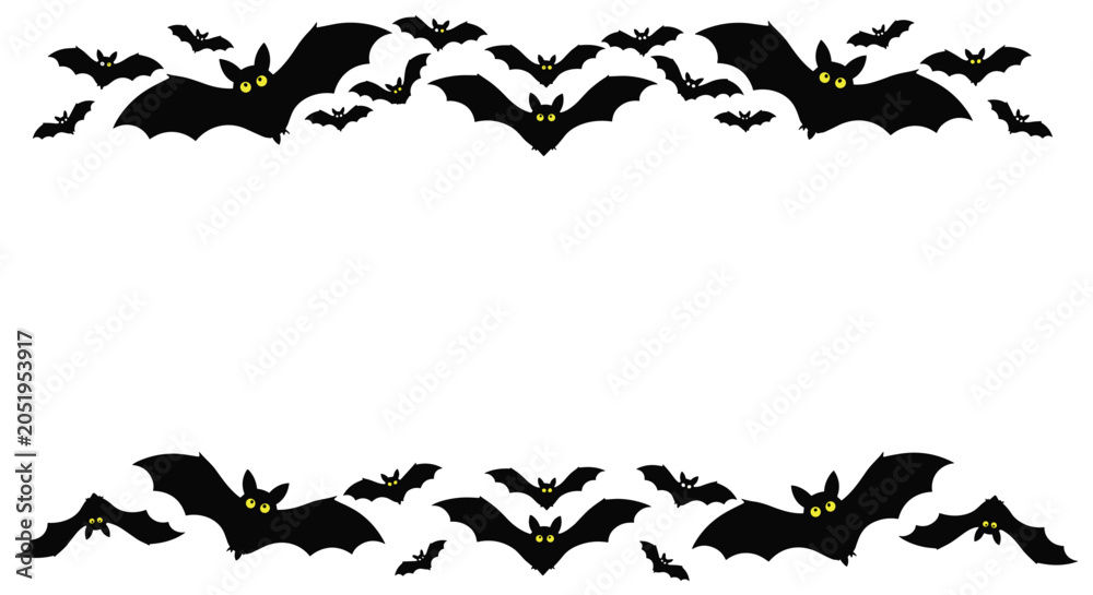 Fototapeta premium Spooky Halloween frame borders with black bats having glowing yellow eyes flying on top and bottom of white background.