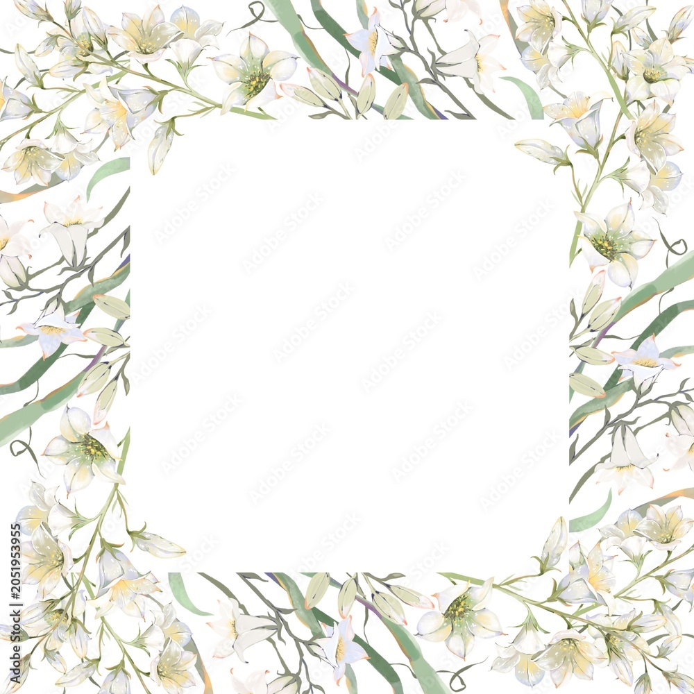 Fototapeta premium Square frame for logo and card with botanical wildflowers and meadow grasses Spring vibe floral border isolated on white background watercolor illustration