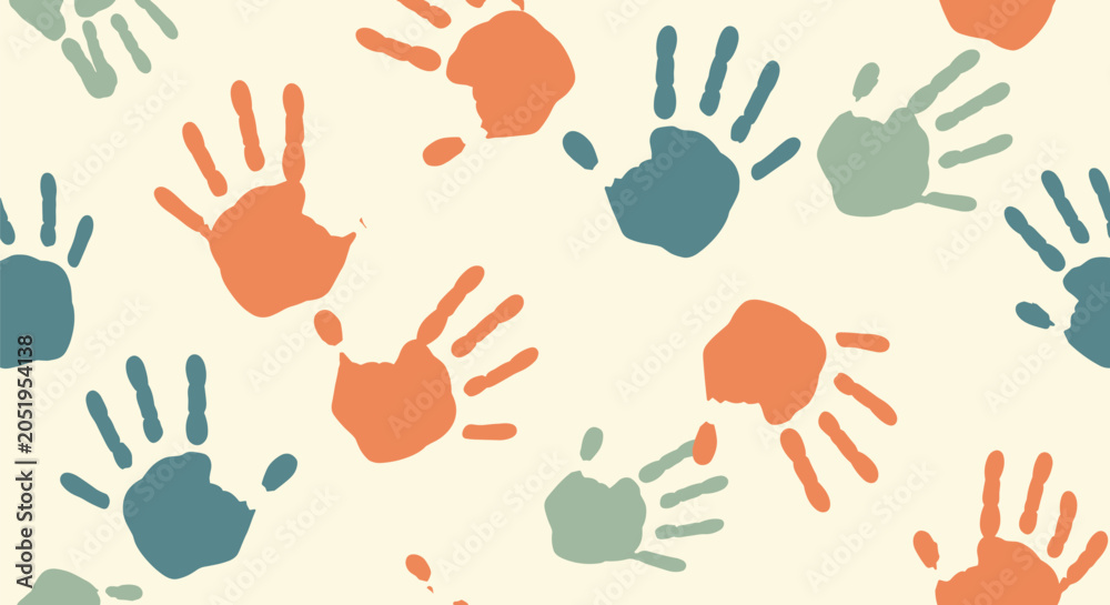 Fototapeta premium Seamless pattern of colorful paint handprints scattered on a light cream background for a child concept.