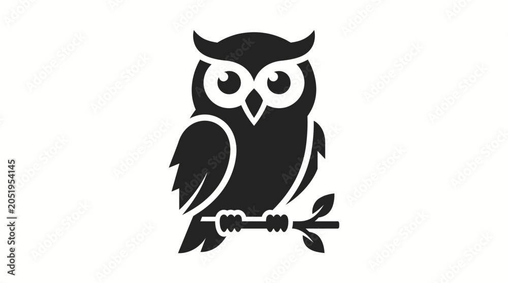Fototapeta premium Wise owl silhouette perched on a leafy branch