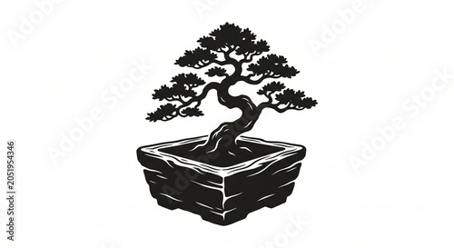 A wooden plant pot silhouette with a plant, isolated against a white background.