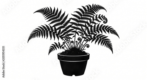 A fern plant pot silhouette, isolated against a plain white background.