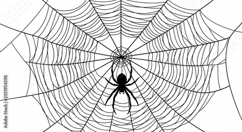A silhouette of a spider on its web, isolated against a plain white background.