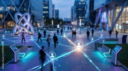 Futuristic smart city concept showing people connected by digital network lines