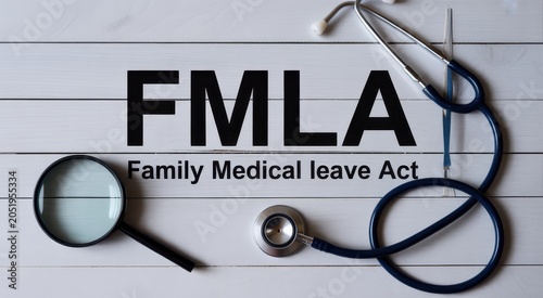 FMLA acronym with magnifying glass and stethoscope isolated on white background