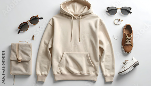 Flat lay of beige hoodie and accessories for men.