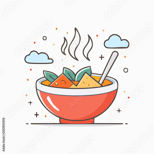 Steaming Bowl of Soup with Spoon and Clouds