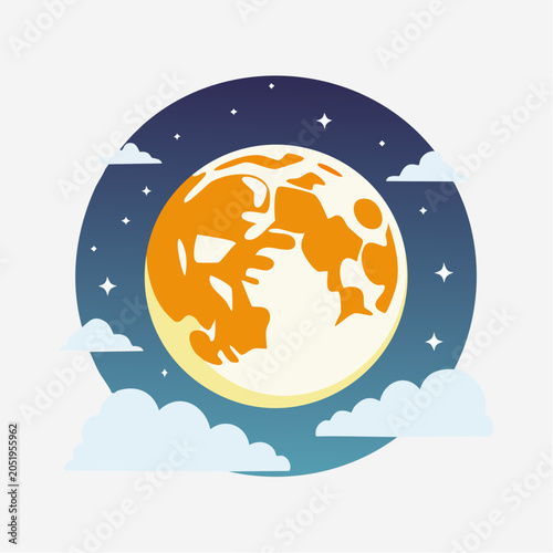 Stylized Full Moon with Clouds and Stars