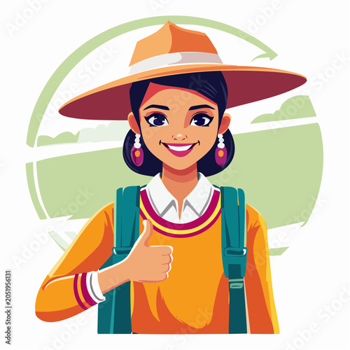 Woman with Hat and Backpack Giving Thumbs Up