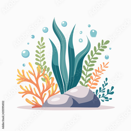 Underwater Scene with Coral, Seaweed, and Bubbles