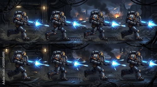 Armored space soldiers running through battlefield firing bright blue plasma rifles