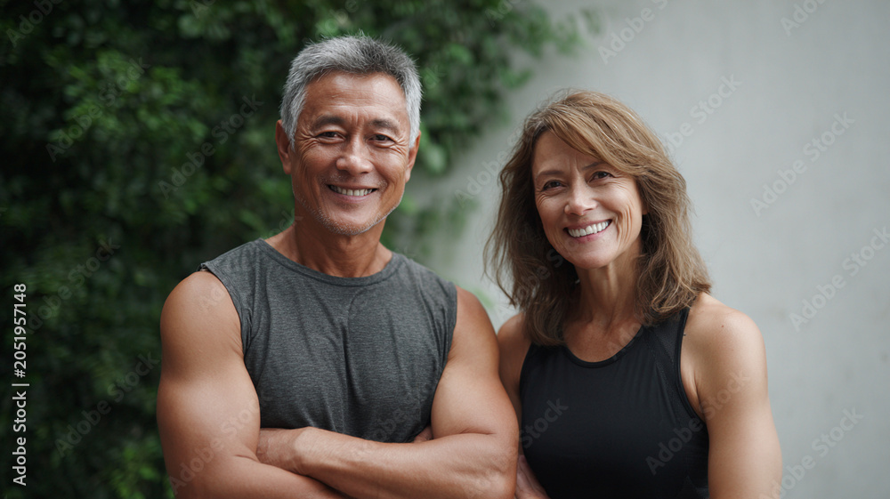 Fototapeta premium Senior asian couple relaxing after outdoor exercise, smiling in fitness wear