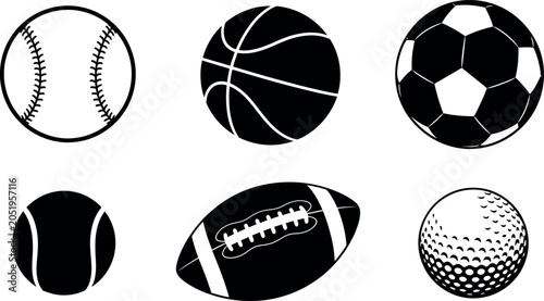 Minimalist black and white vector illustration of six different sports balls in outline style.