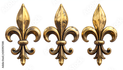 Three Golden Fleur-de-lis Ornate Symbols Isolated on White Background.