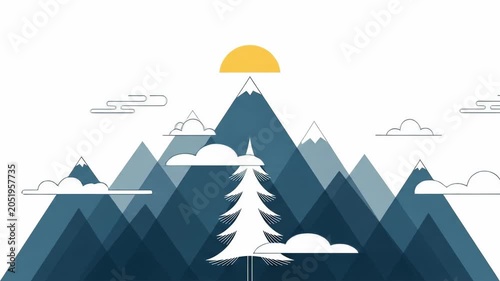 Animated Minimalist Mountain Landscape with Rising Sun and Pine Tree.