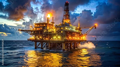 An offshore oil drilling platform illuminated at night on the dark ocean surface