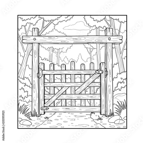 Forest gate, black and white outlines, trees and bushes in the background, drawing