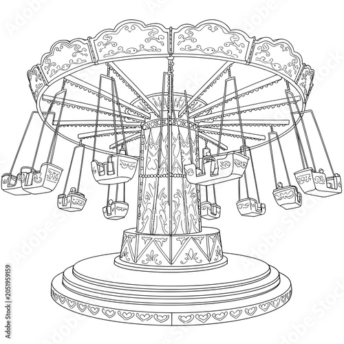 Illustrated swing ride, circular with decorative trim, in black & white outline