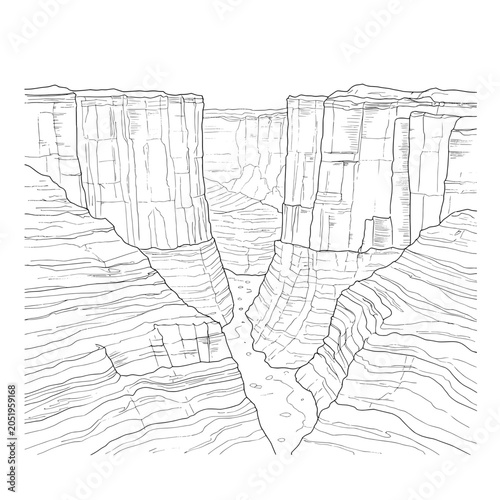 Grand Canyon view with steep rocky cliffs and river running through in black and white
