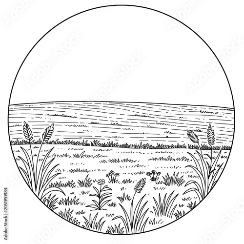 Landscape art with horizon line, grass, wheat, and an overarching semicircle frame