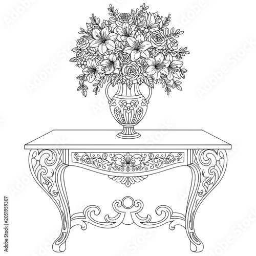 Floral Arrangement Flowers in a vase sit on a decorated table, black and white outline