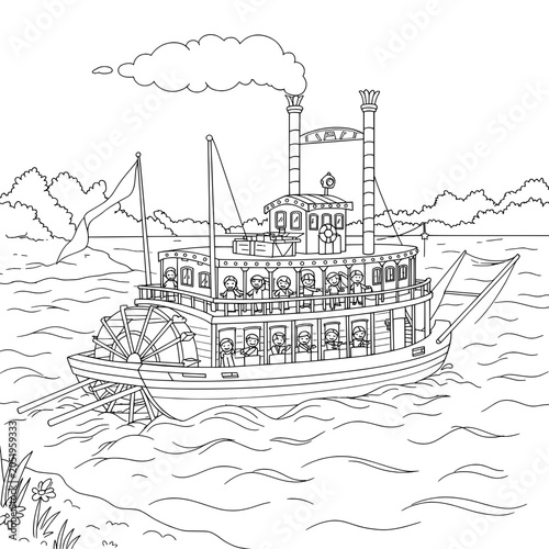 Steamboat cruising waters with happy crowd. Drawn in black and white outline