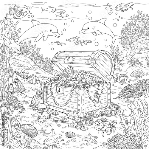 Underwater scene with dolphins, fish, coral, treasure chest, coins, and bubbles in black and white