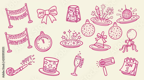 Photography Collection of New Year's Eve celebration icons and symbols in a doodle style