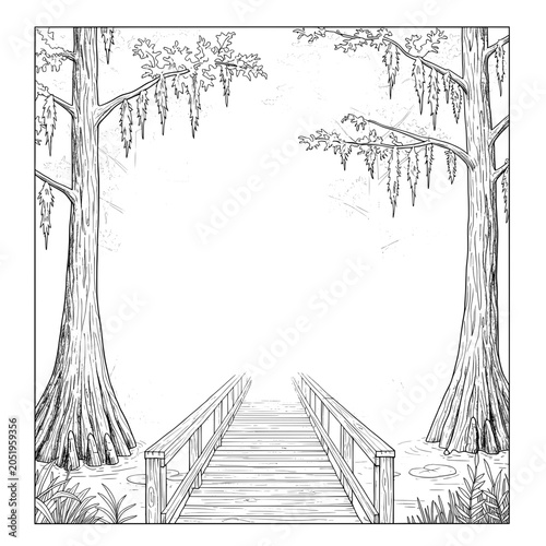 Hand-drawn forest background showing tall, spindly trees with hanging moss-like growth