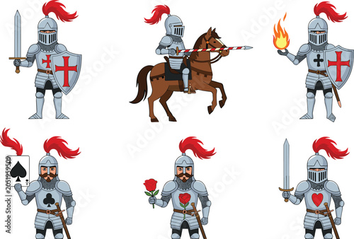 Canvastavla Medieval Knight and Crusaders Character Cartoon Vector Set Featuring Metallic Ar