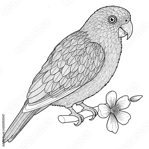Detailed line art of a parrot perched on a branch, facing right, against a white background