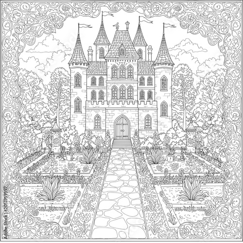 Elaborate castle with a garden and foliage, detailed for coloring, outlined