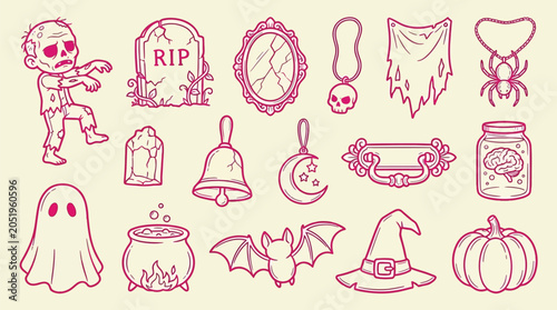 Bild auf Leinwand Collection of Halloween icons and symbols in a cartoonish style, perfect for spooky designs