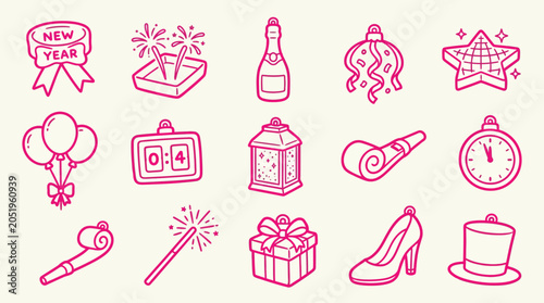 Canvas Print Collection of hand-drawn New Year's Eve celebration icons and symbols in pink outline style