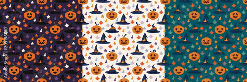 A Set of Three Halloween Seamless Pattern with Pumpkins Witch Hats